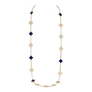 Van Cleef & Arpels “Vendome” Vintage Alhambra 20 Motif Long Necklace Blue Sevres Porcelain 18K Yellow Gold Hardware & Diamonds